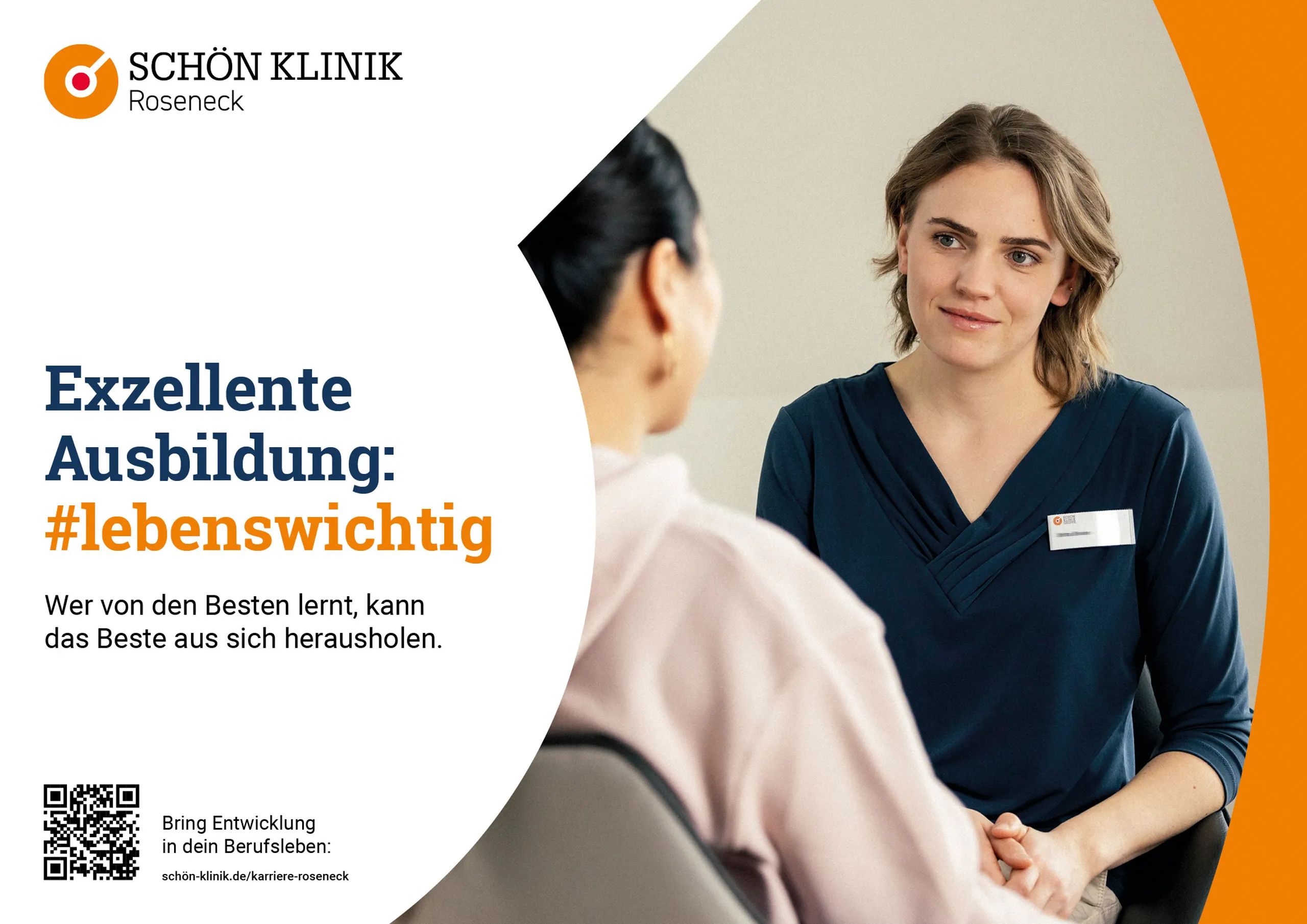 Eine junge Therapeutin mit dunklem Pullover hört aufmerksamer eine Dame mit hellem Pullover zu. Diese ist nur im Anschnitt und unscharf zu sehen. Das Foto ist Teil einer Anzeige für die Schön Klinik Gruppe.